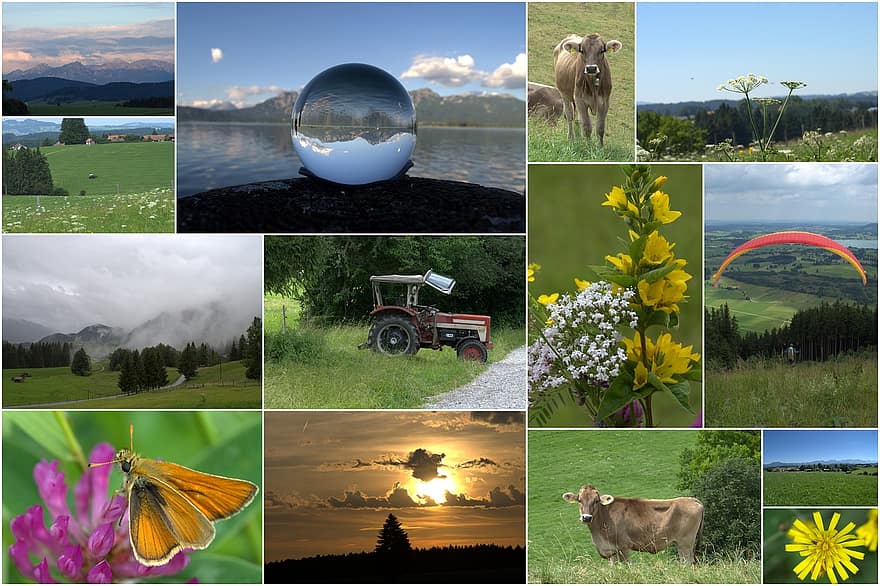 collage, allgäu, ostallgäu, alpí, paisatge, panorama, cel, baviera