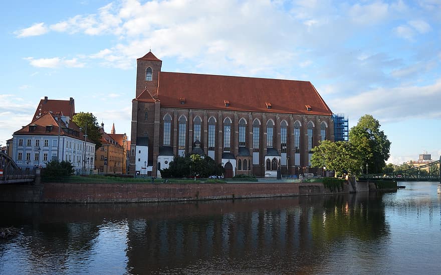 Wroclaw, église, rivière, Oder, Sainte Marie sur le sable, église paroissiale, catholique, historique, îlot, immeubles, vieille ville