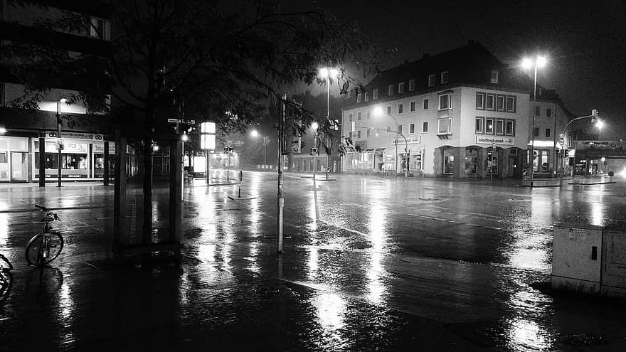 Streets, Raining, Buildings, Junction, Crossroad, Intersection, Street Lights, Street Lamps, Night Time, Rainfall, Monochrome