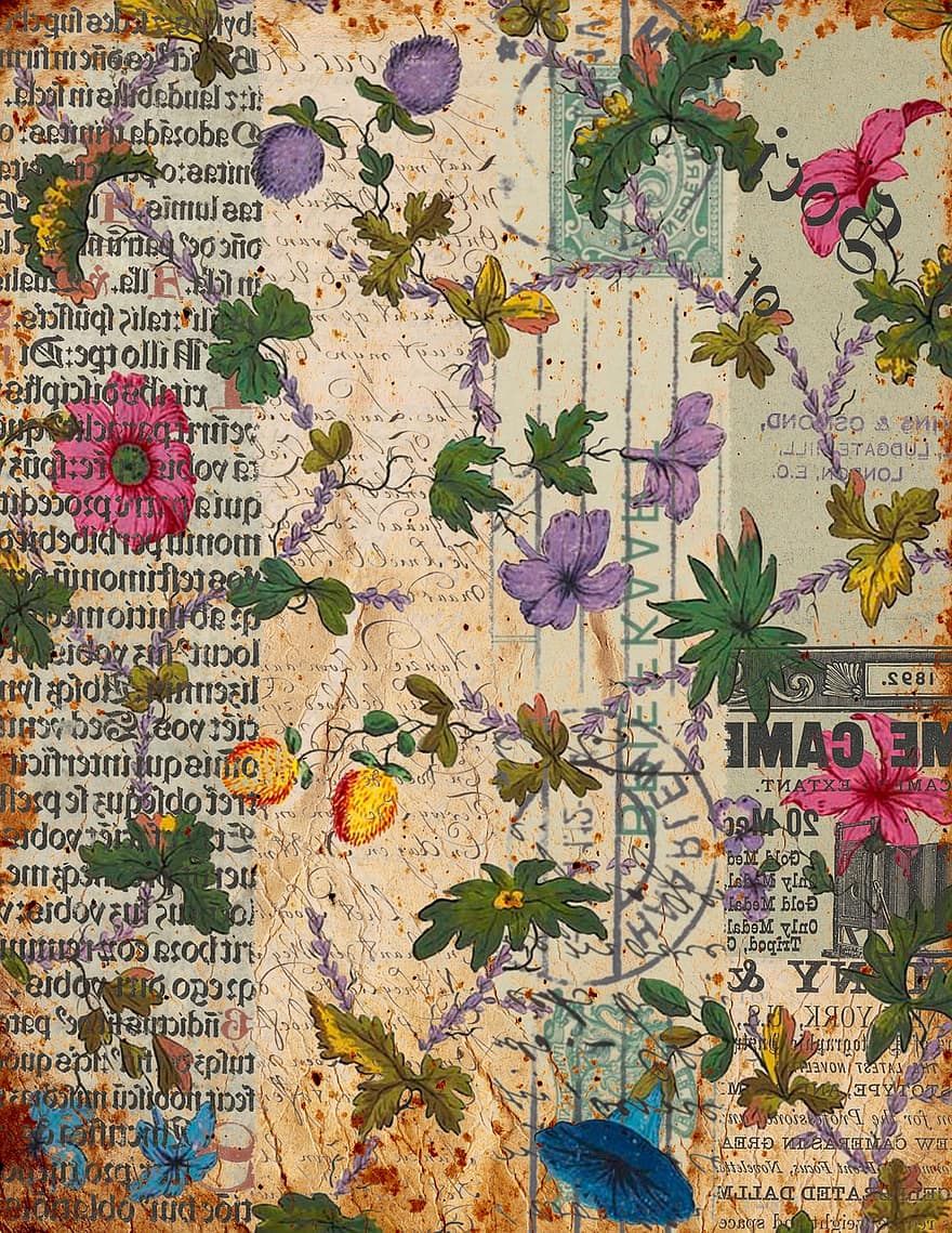 फूल, जंक जर्नल, स्क्रैपबुक, प्रतिरूप, पत्ते, decoupage, विंटेज, क्राफ्ट, पृष्ठभूमि, कागज़, scrapbooking