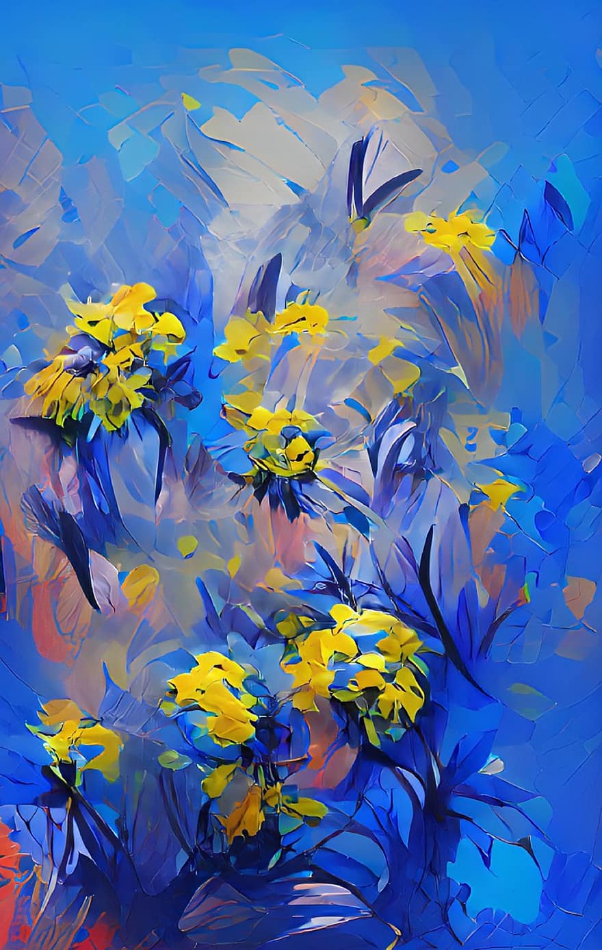 kwiaty, abstrakcyjny, Ukraina, grafika, obraz, twórczy, rośliny, tła, ilustracja, niebieski, żółty