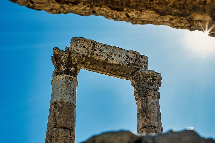 pillér, romok, oszlopok, építészet, Amman, Jordánia, amman citadella, fellegvár, utazás, történelmi, épület