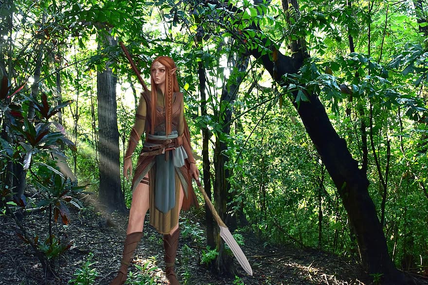 guerrer, Guerrer elf, bosc, fons, boscos, fantasia, criatura mítica, dones, estiu, adult, una persona