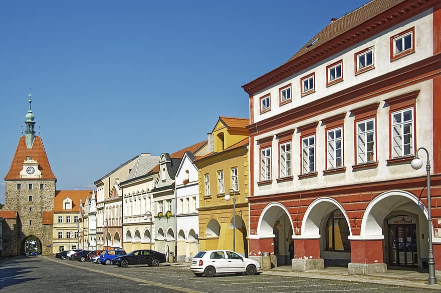 Cseh Köztársaság, ezer, Domažlice, város, út, Nyugat-Csehország, Csehország, történelmi központ, épület, városi kapu, utazni