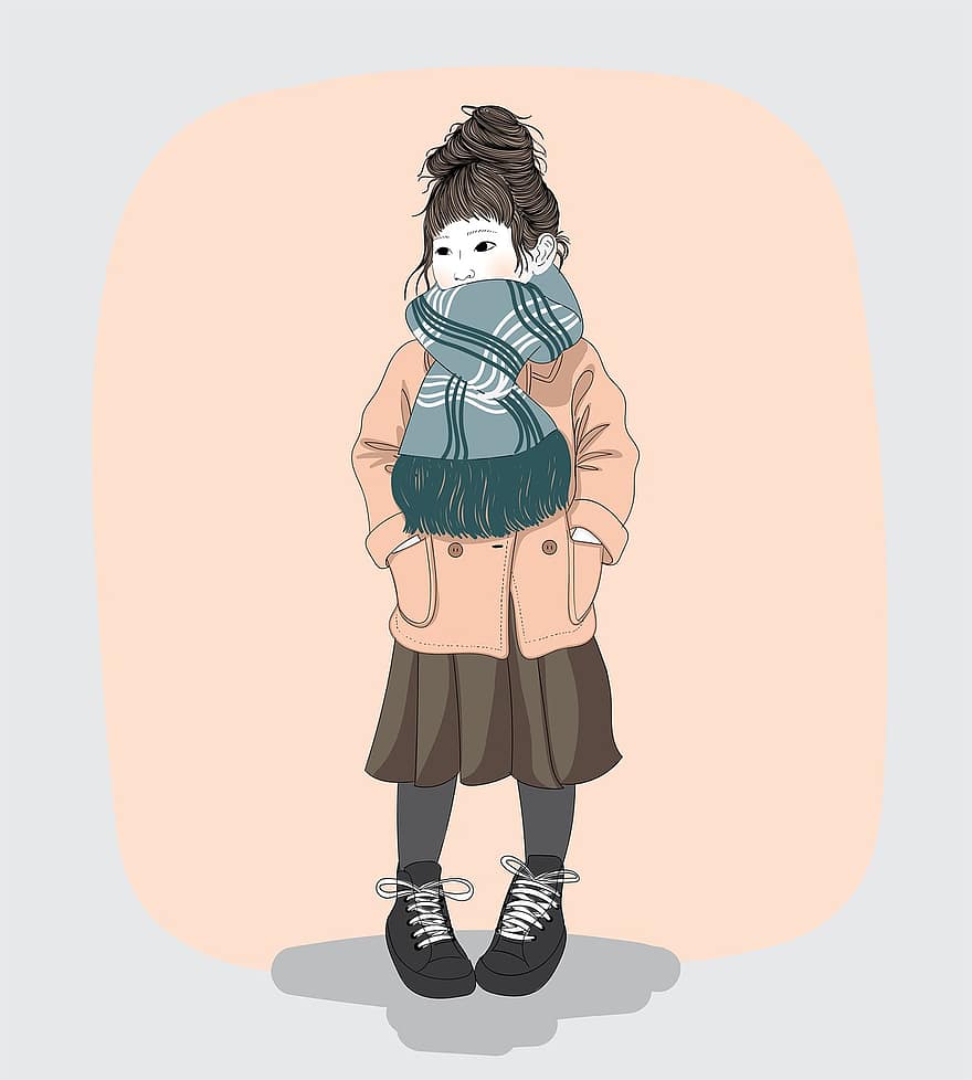 Girl, Winter Clothes, Fashion, Style, Little Girl, Winter Clothing, Girl's Fashion, Line Drawing, Line Art, Cute, Posing