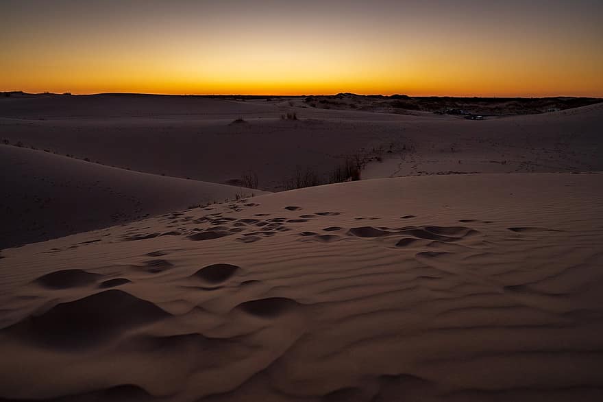 le coucher du soleil, désert, paysage, le sable, dunes, horizon, la nature, dune de sable, sec, lumière du soleil, climat aride