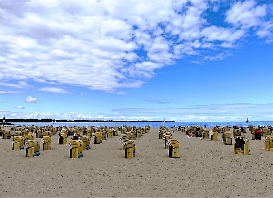 strand, sand, hav, Östersjön, badort, Travemünde, Tyskland, klubbar, distans, himmel, moln