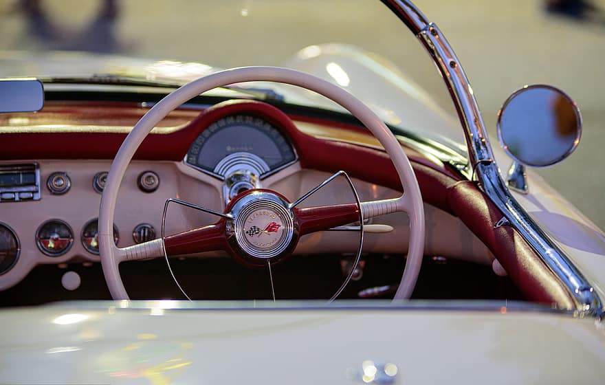 Steering Wheel, Car, Corvette, Classic, Retro, Dashboard, Speedometer, Convertible, Vehicle, Automobile, Automotive