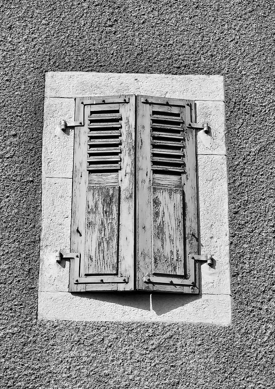 venster, lamellen, zwart en wit, houten luiken, luiken, muur, oud, wijnoogst, facade