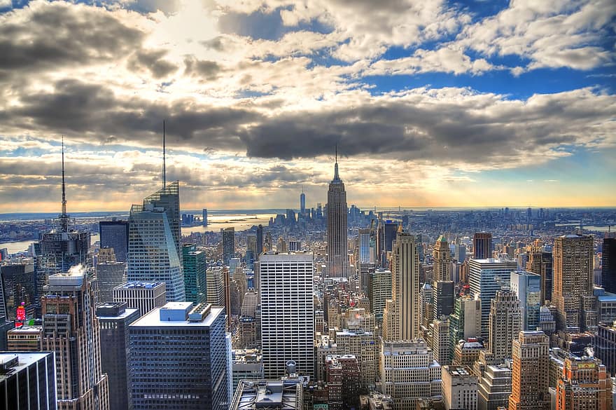 New York, città, Manhattan, skyline di manhattan, grattacieli, metropoli, vista aerea, edifici, Stati Uniti d'America, nyc, tramonto
