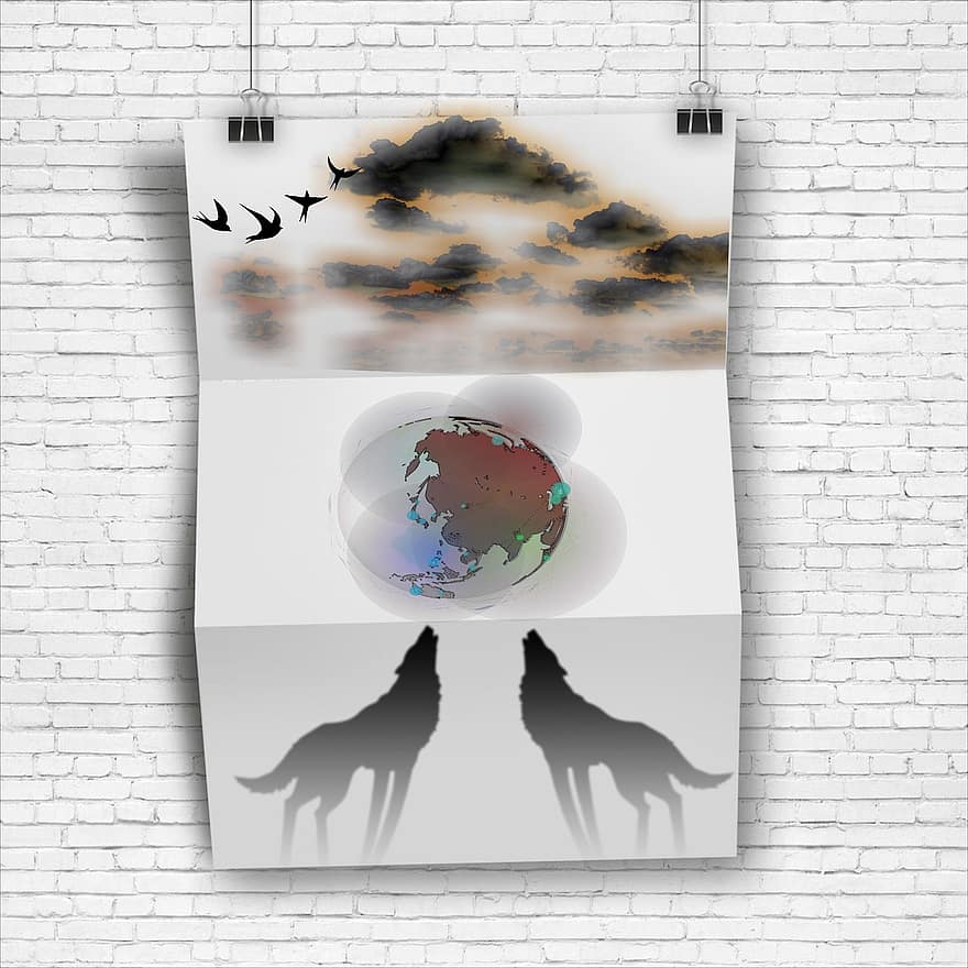 poster, nori, planetă, lume, lup, prădător, panou, negru, alb, un nor gros, suspiciune