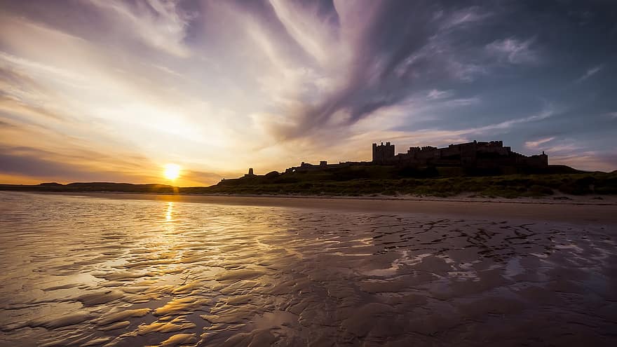bamburgh, mar, por do sol, Northumberland, Inglaterra, costa, aldeia, castelo, de praia, oceano, Dom