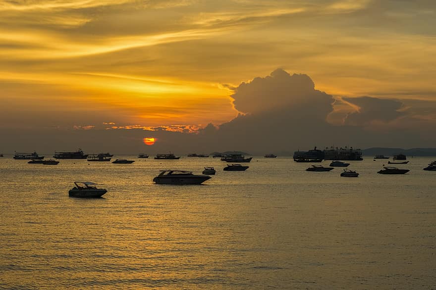 puesta de sol, Dom, mar, barcos, cielo, nubes, Tailandia, Asia, romance, vacaciones, viaje