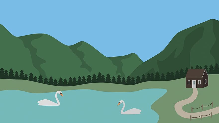 Lake, Swans, Village, Park, Mountain, Animal, House, Peaceful, Quiet, Tranquil, Calm