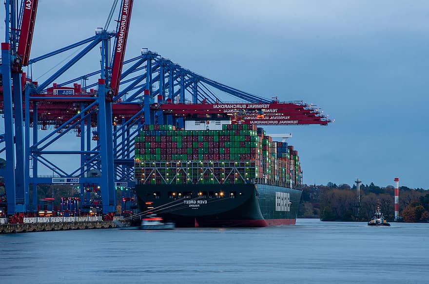 containerfartyg, Hamburger Stick, containerport, någonsin grön, behållare, hamn, vatten, blå timme