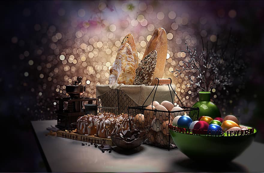 Великден, Великденски яйца, хляб, Великденски декор, боке, религиозен празник, храна, украса, дърво, празненство, маса