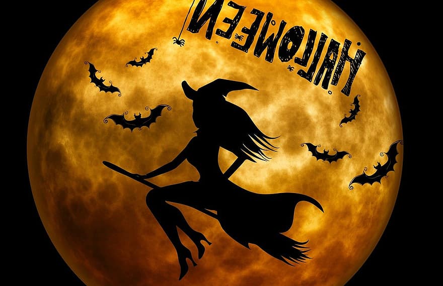 Víspera de Todos los Santos, la bruja, extraño, surrealista, atmósfera, murciélago, silueta, feliz Halloween