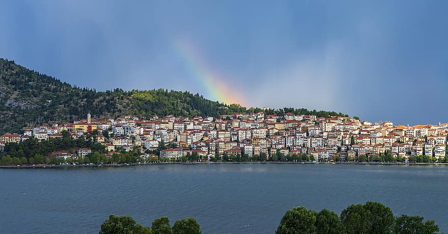 Kastoria, ciudad, lago, arco iris, Grecia, colina, montaña, edificios, urbano, cielo, naturaleza