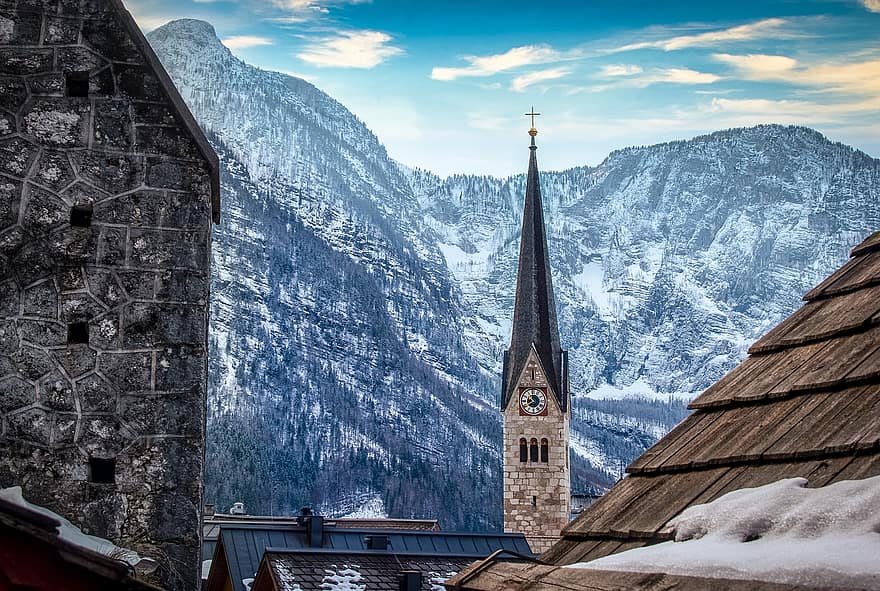 църква, планини, зима, камбанария, село, сгради, покриви, сняг, планинска верига