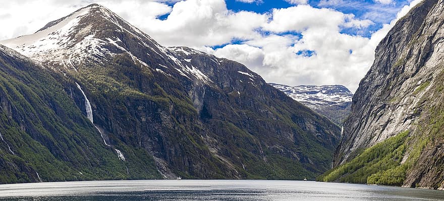 водопад от седем сестри, Норвегия, фиорд, природа, водопад, каскада, планини, планина, сняг, пейзаж, планински връх