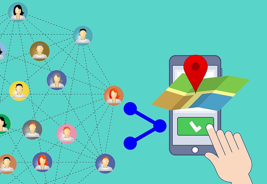 Lokalizacja, telefon, dzielić, aplikacja, biznes, grupy, koledzy, pojęcie, pokaz, napęd, GPS