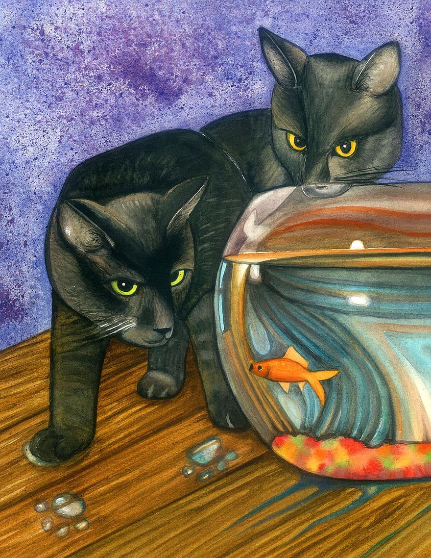 kočka, Černá, zlatá rybka, domácí zvíře, zvíře, kotě, vodové barvy, malování, tlapky