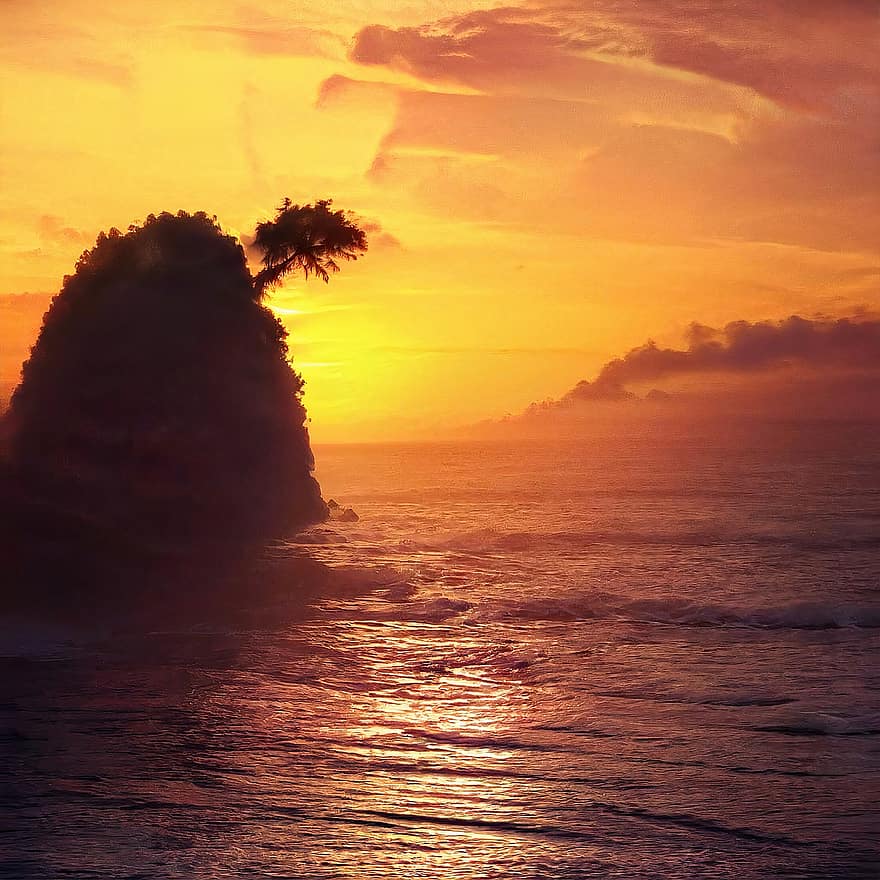 bukit, laut, matahari terbenam, matahari terbit, pohon, alam, gunung, pulau, samudra, air, gelombang