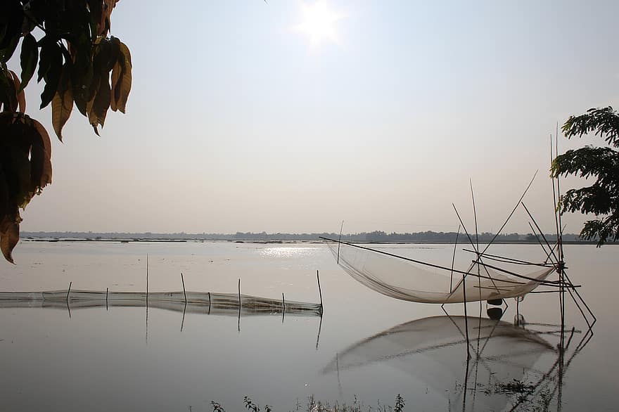 Fishing, Nets, Cage, Lake, Water, Reflection, Fish, nautical vessel, sunset, summer, dusk