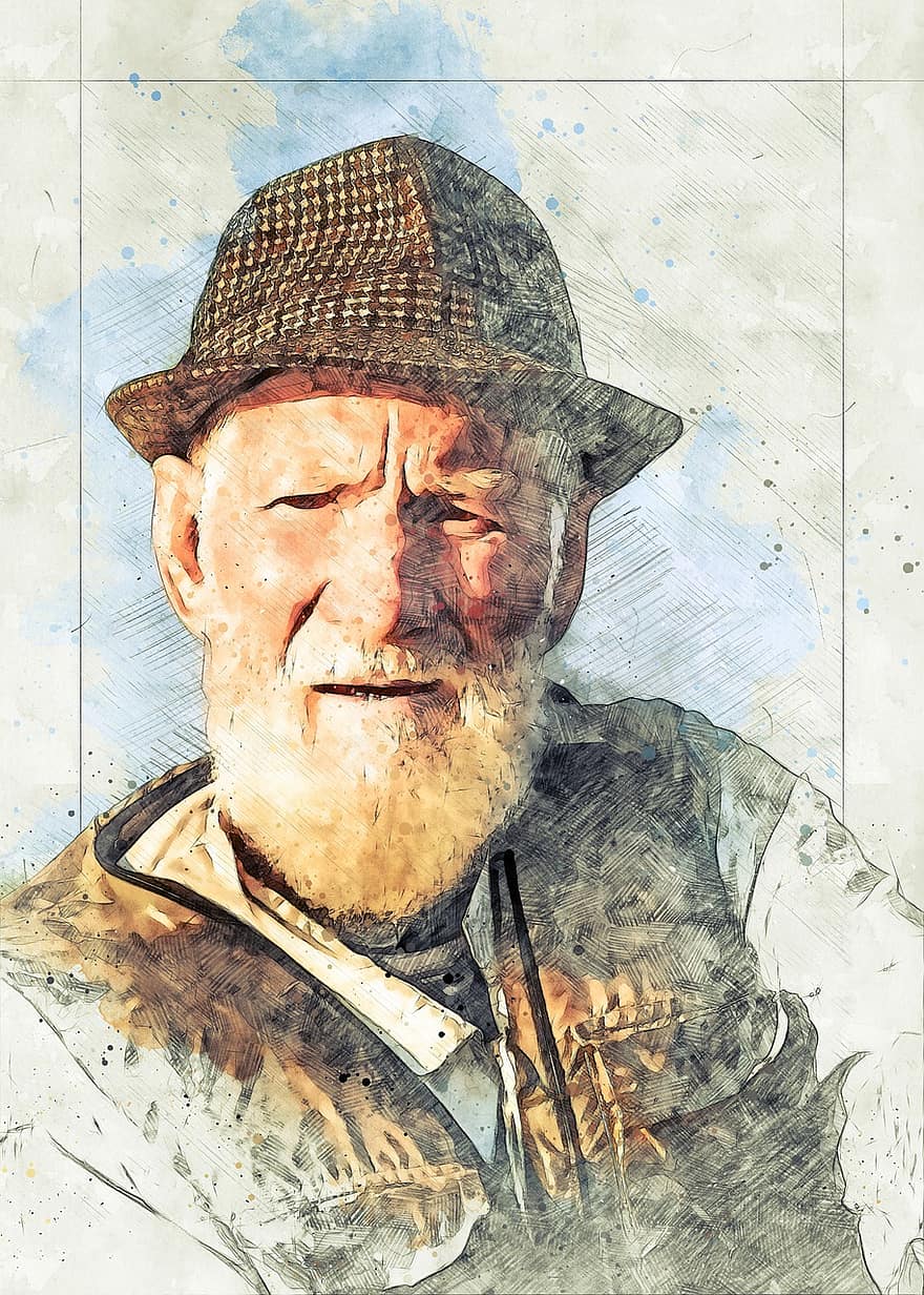 muž, starý, rybář, portrét, tradiční, osoba, mužský, aktivita, umělecká díla