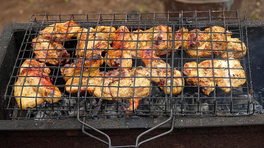 グリル、焼き鳥、火鉢、鶏の足、チキン、フード、焼き、石炭、バーベキュー、お肉、火災