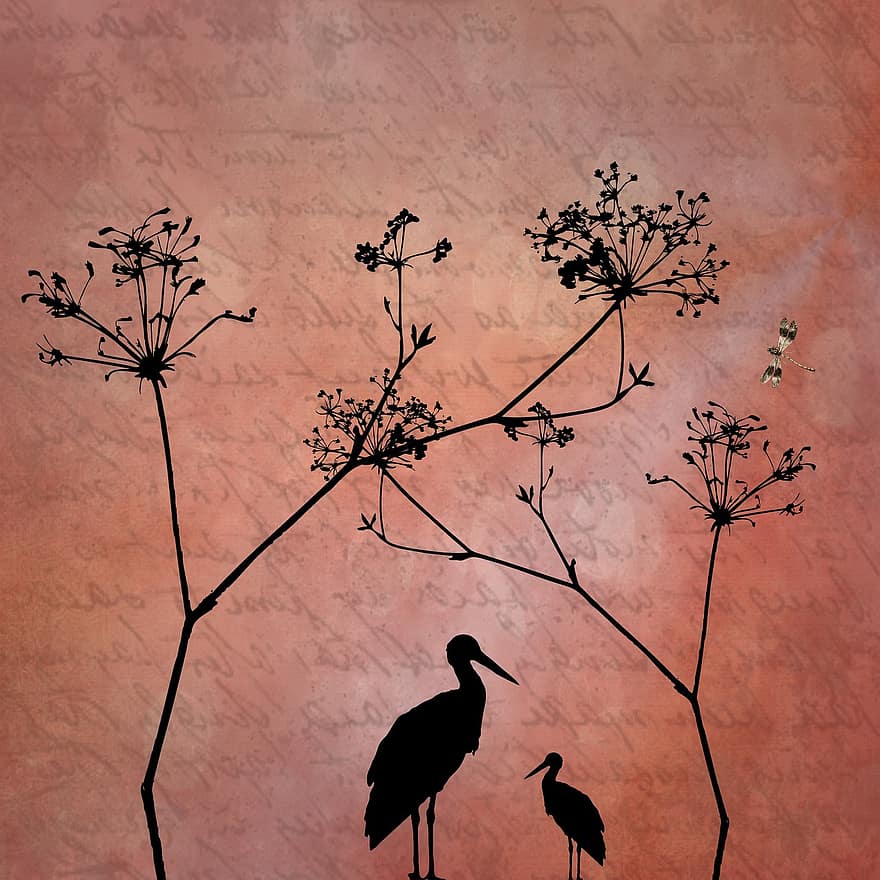 Texture, Paper, Stationery, Background, Pattern, Stork, Bird, Animal, Branches, Plant, Structure