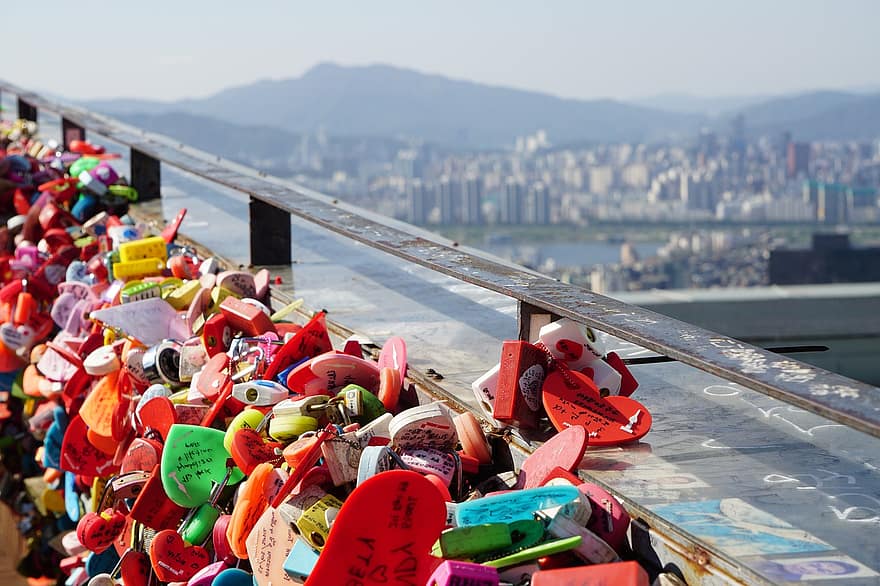 låsa, bro, staket, stad, symbol, kärlekslås, Republiken Korea, valentine
