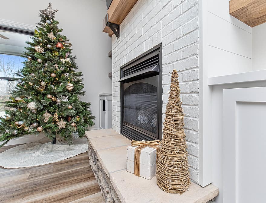 árvore de Natal, decorações de Natal, lareira, presente, presente de Natal, enfeites de Natal, interiores, design de interiores, feriados, Natal, decoração