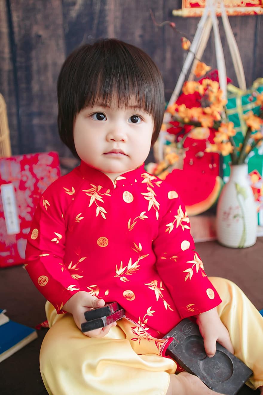 子、伝統衣装、青大、若い、幼児、テト、TếtNguyênđán、ベトナムの月の正月、ベトナム人、ベトナム、可愛い