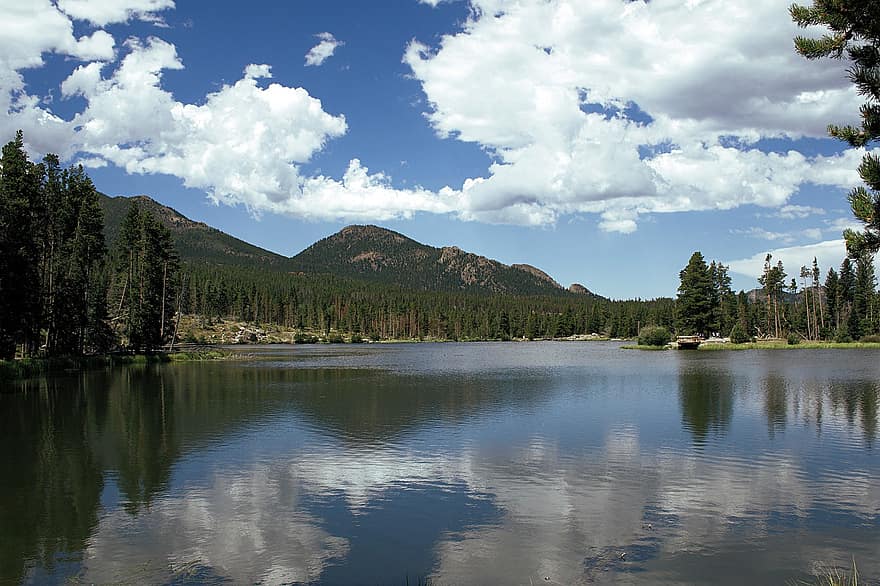 montañas, bosque, arboles, lago, nubes, reflexión, rocoso, Colorado, nacional, parque, naturaleza
