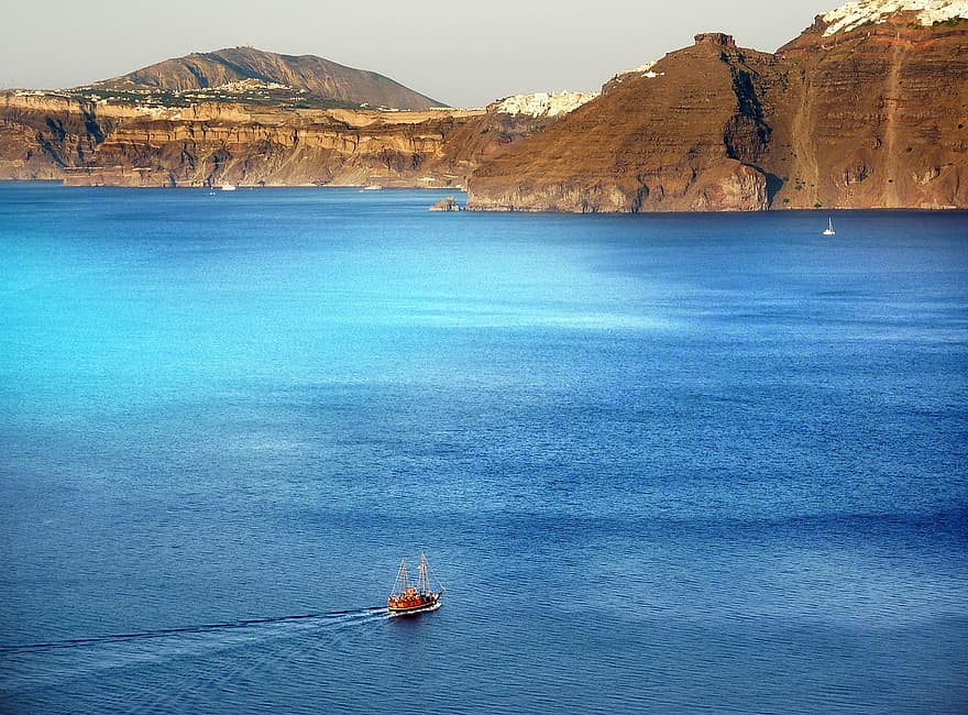 krajobraz, Santorini, Grecja, lato, Natura, morze, niebo, niebieski, Morze Śródziemne, widok, architektura