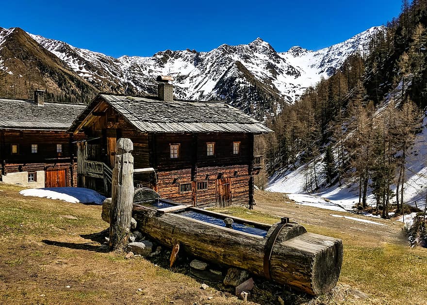 cabine, huis, bergen, sneeuw, Oost-Tirol, alm
