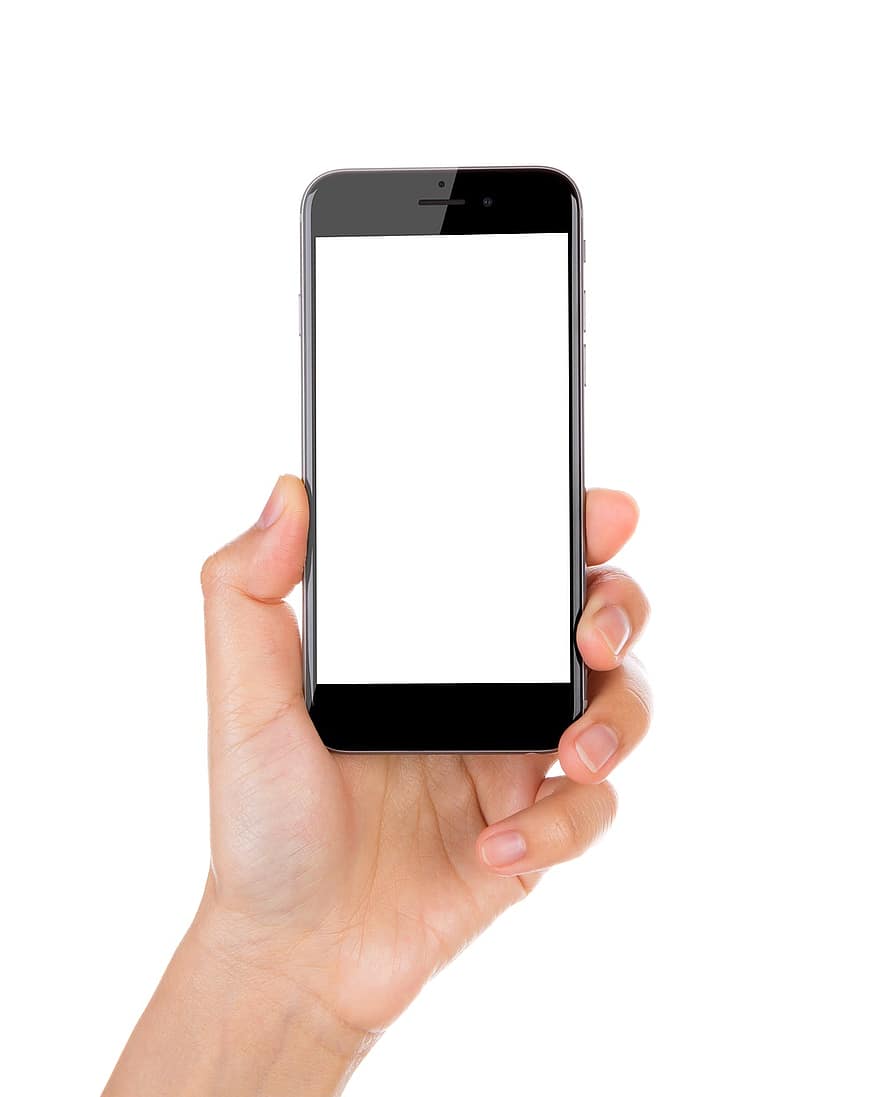 hånd, holding, smarttelefon, blank skjerm, hvit skjerm, mobiltelefon, telefon, teknologi, isolert, mobil
