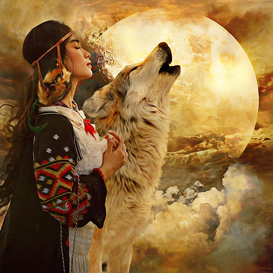 भेड़िया, महिला, मूल अमेरिकी, योद्धा, गरजना, चांद, जादू, रात