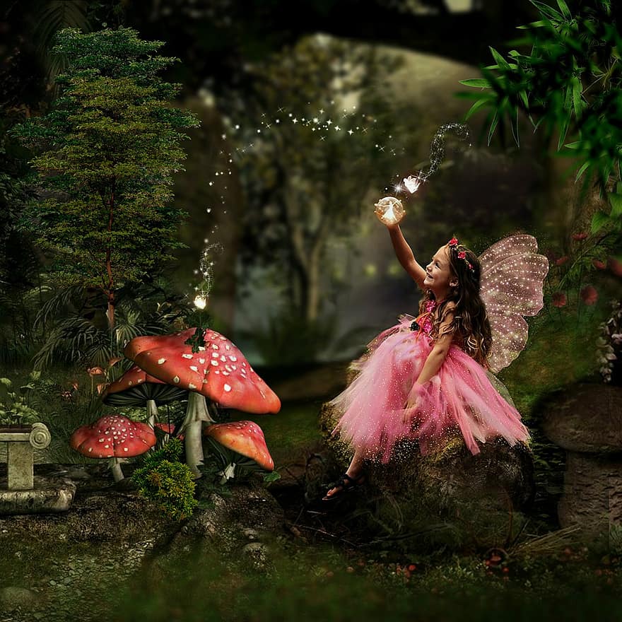 девушка, модель, фея, лес, деревья, магия, грибы