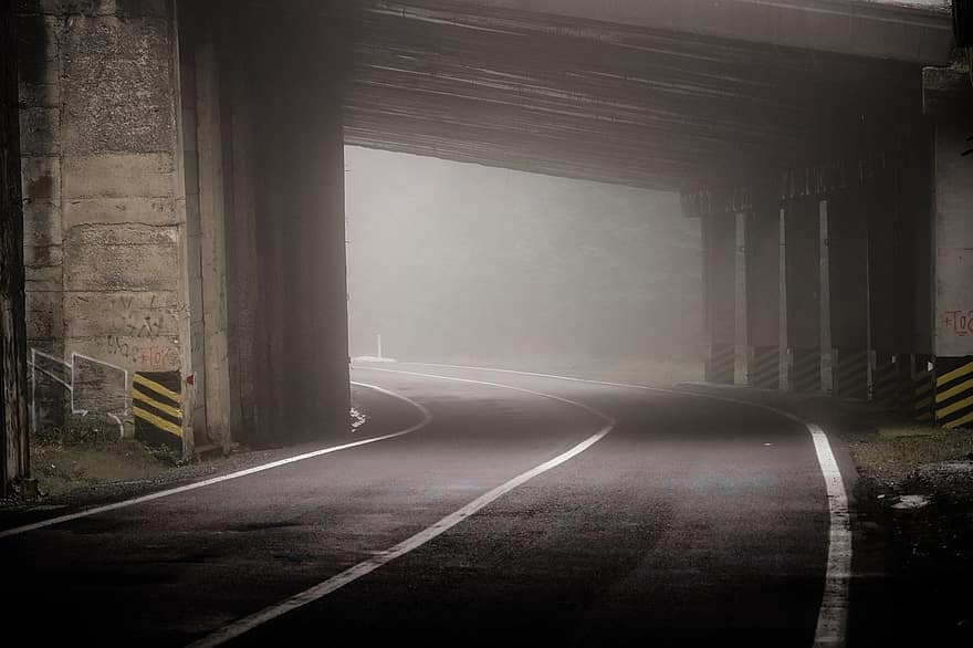 đường hầm, đường, sương mù, lái xe, vận chuyển, phong cảnh
