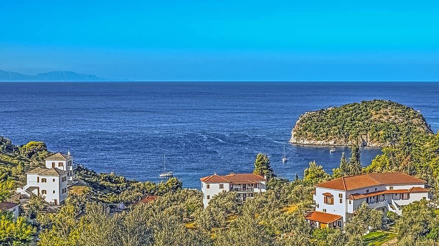 mar, ilha, Grécia, manhã, panorama, serenidade, natureza, stafylos