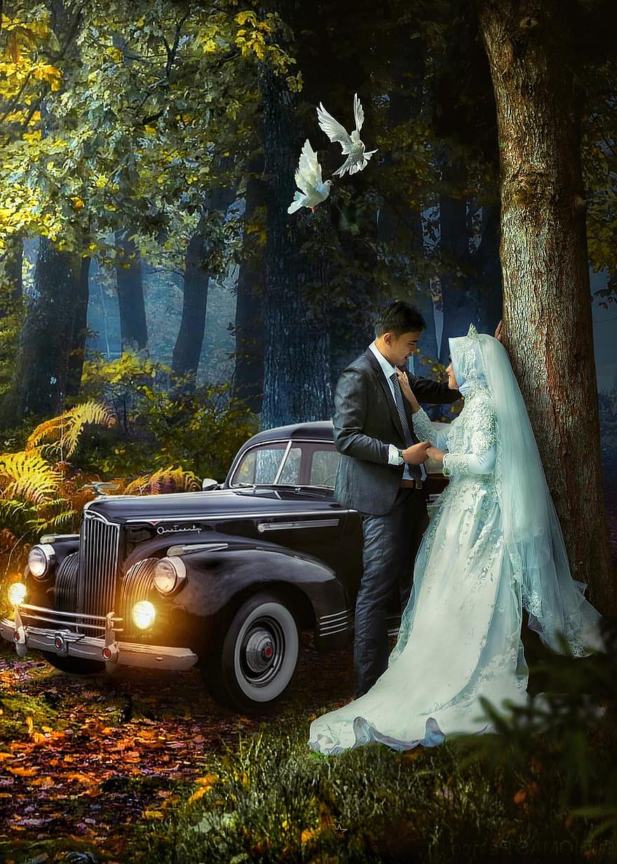 recém-casados, hijab, carro, vintage, clássico, velho, retrô, vestido de casamento, vestido de noiva, marido e mulher, noiva e noivo