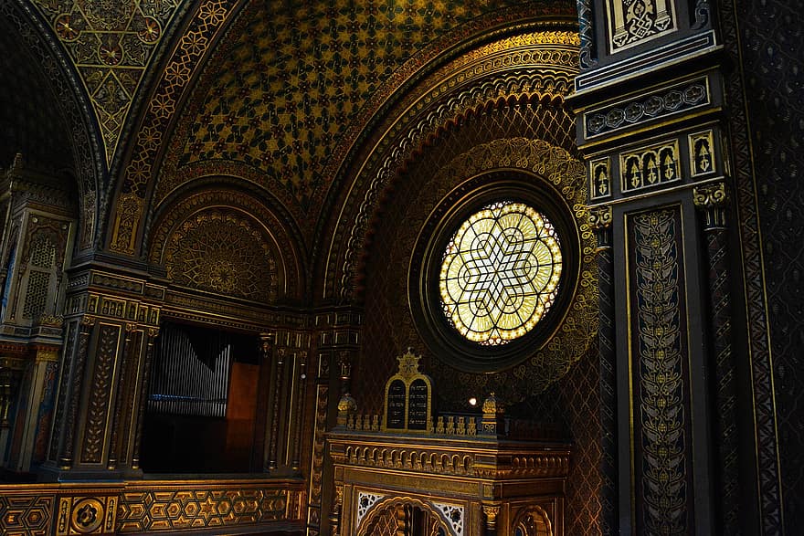 sinagoga, judaico, Praga, czechia, sinagoga espanhola, arquitetura, decoração, interior