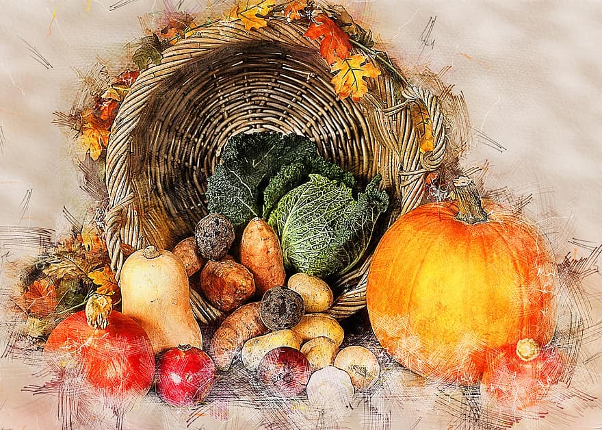 тиква, зеленчуци, есен, благодарствена кошница, Денят на благодарността, кошница, вид зимно къдраво зеле, картоф, цветен, заден план, строг вегетарианец