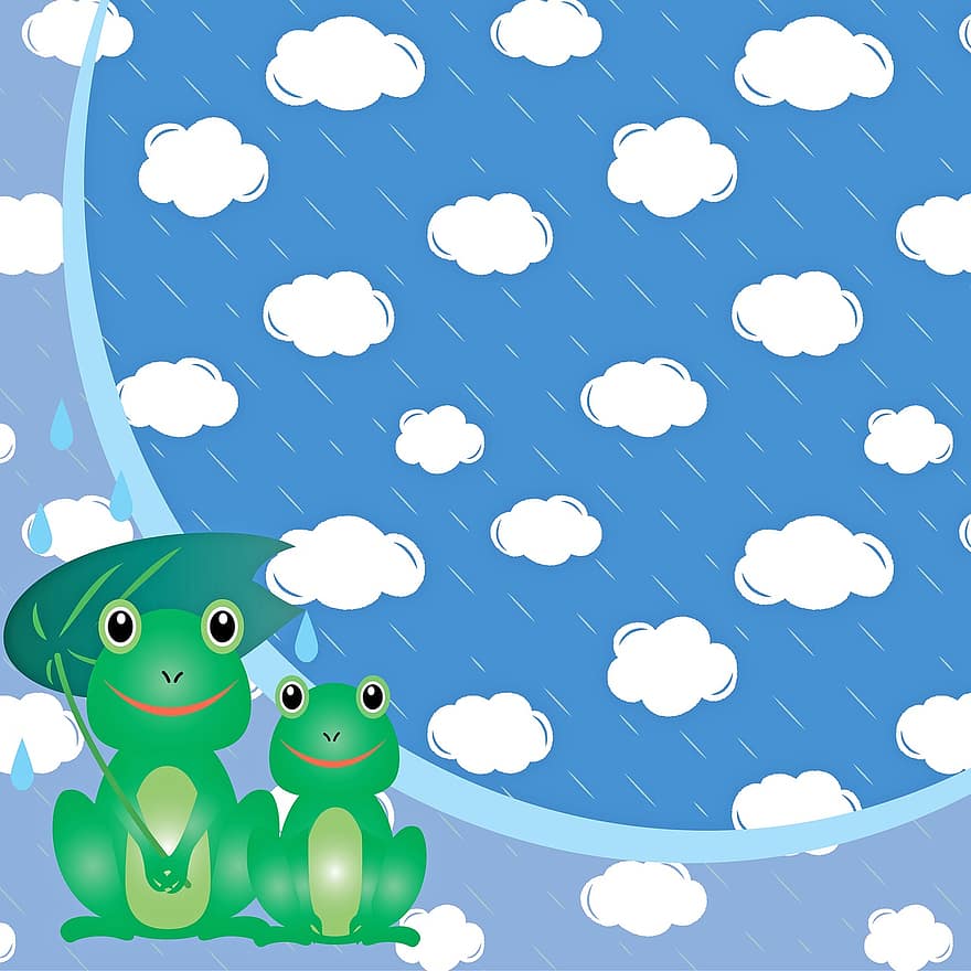 Kawaii Frog, Rainy Season, Japanese, Seasonal, Asian, Kawaii, Hydrangea, Fantasy, Rainbow, Frog, Oriental