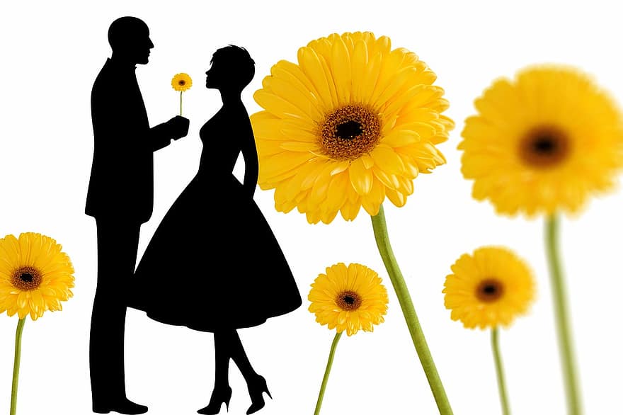 Love, Romantic, Card, Feelings, Romance, Together, Flowers, Silhouette, Dedicated, Happy, Two