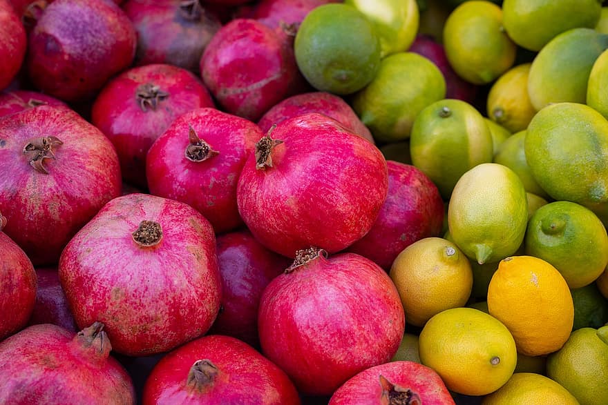 Pomegranate, Lemon, Fruits, Food, Fresh, Healthy, Ripe, Organic, Produce