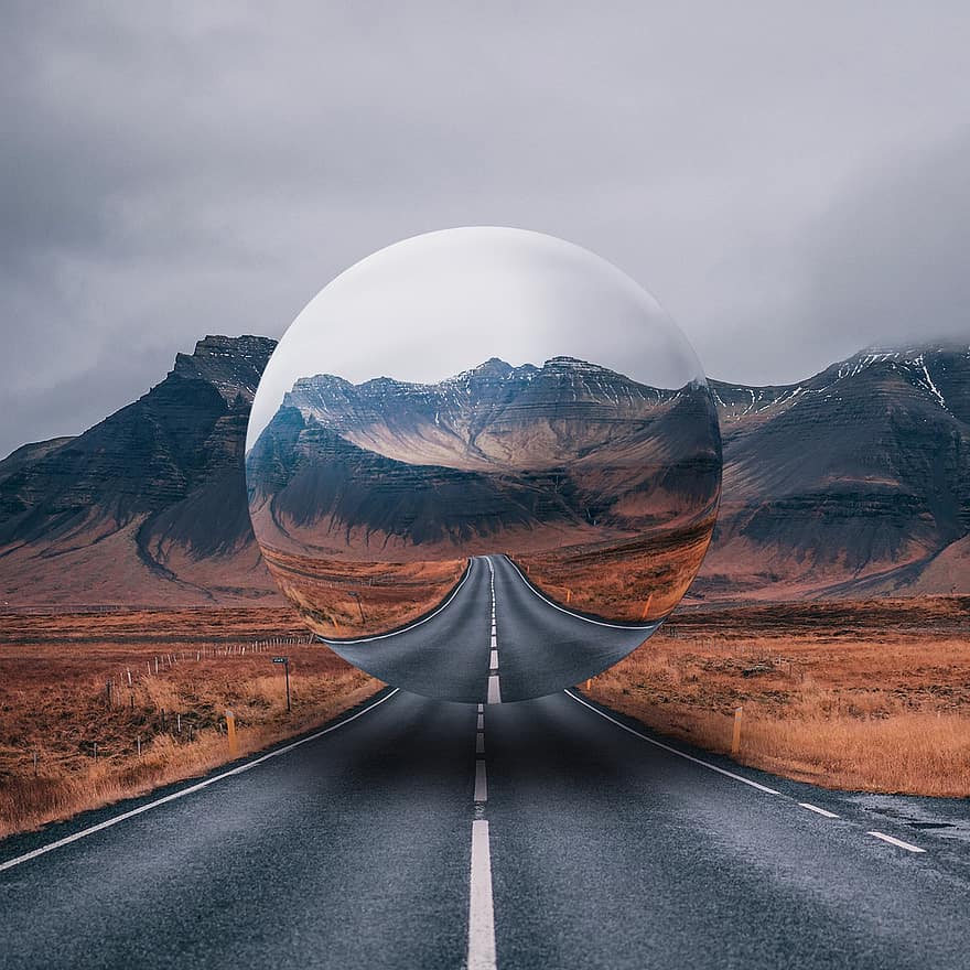 Sphere, Ball, Glass, Mountain, Highway, Road, Reflections, Landscape, Nature, Clouds, Sky
