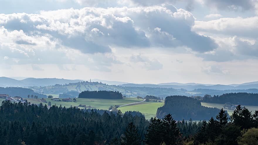debesys, kalnų papėdėse, panorama, bavaria, kaimo scenoje, kraštovaizdį, medis, vasara, miškas, pievos, kalnas